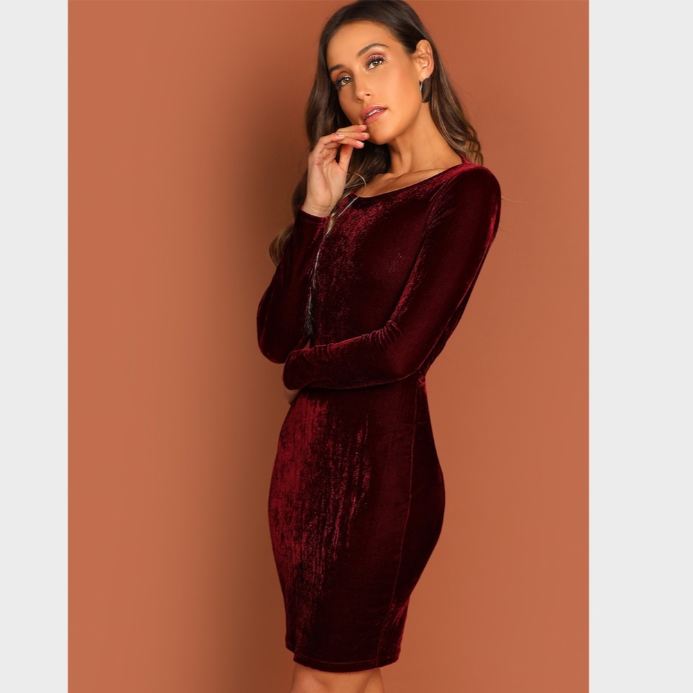 Burgundy Velvet Open Twisted Back Bodycon Dress - Picture 3 of 8